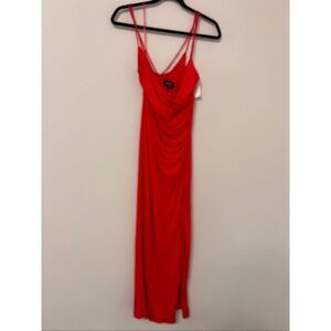 Bardot Women's Red Sleeveless Faux Wrap Ruched Slit Midi Dress Size 8 NWT